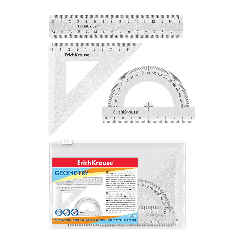 Набор геометрический малый пластиковый ErichKrause Glitter, (линейка, угольник, транспортир), прозрачный, в zip-пакете