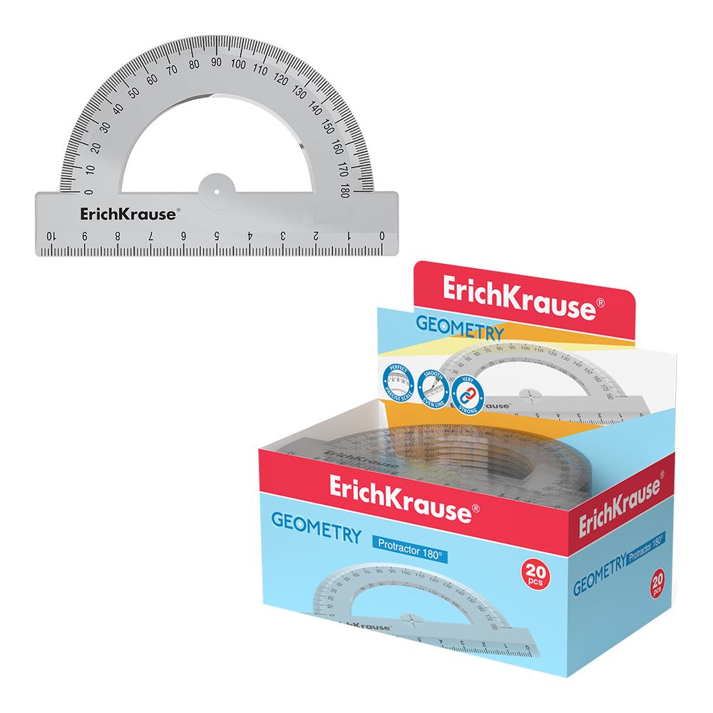 Транспортир пластиковый ErichKrause Clear, 180°/10см, прозрачный, в коробке-дисплее