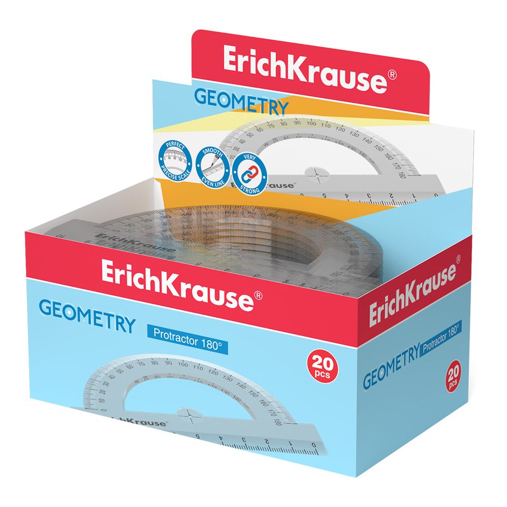 Транспортир пластиковый ErichKrause Clear, 180°/10см, прозрачный, в коробке-дисплее