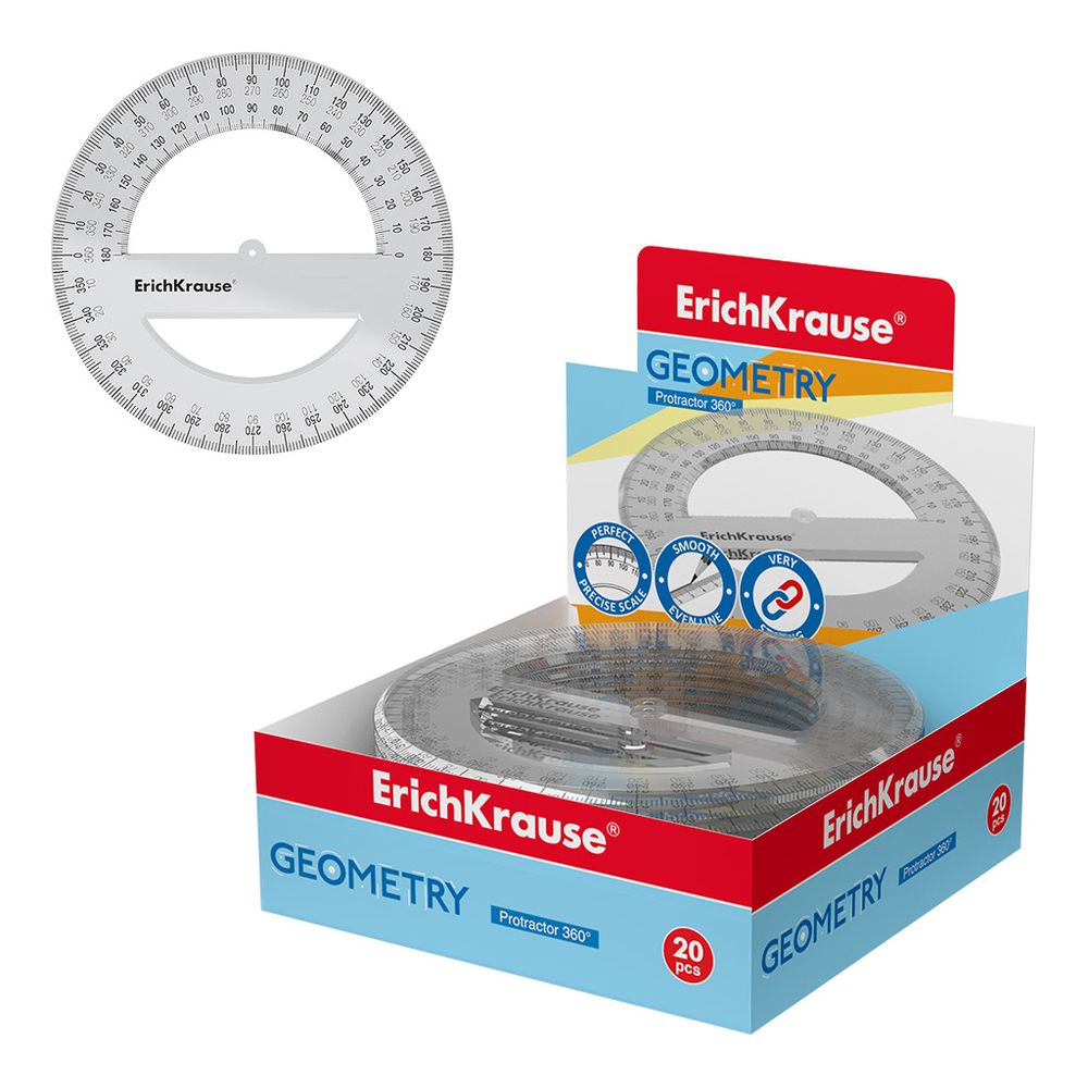 Транспортир пластиковый ErichKrause Clear, 360°/12см, прозрачный, в коробке-дисплее