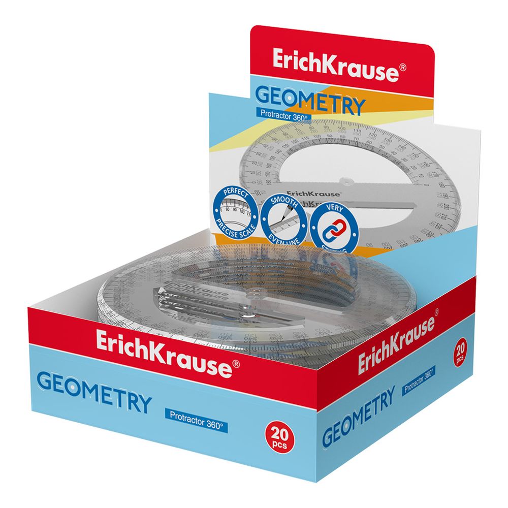 Транспортир пластиковый ErichKrause Clear, 360°/12см, прозрачный, в коробке-дисплее