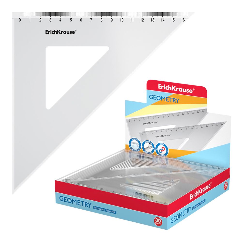 Угольник пластиковый ErichKrause Clear, 16см/45°, прозрачный, в коробке-дисплее