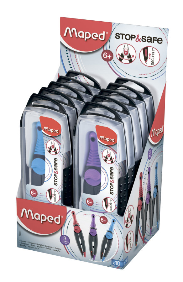 Готовальня MAPED STOP&SAFE 3предмета (циркуль+грифели+точилка), пластик, в футляре