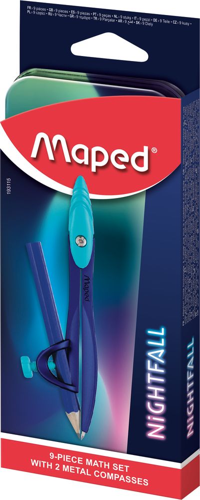 Математический набор NIGHTFALL декорированный, 9 предметов с циркулем с универсальным держателем, в металлической коробке