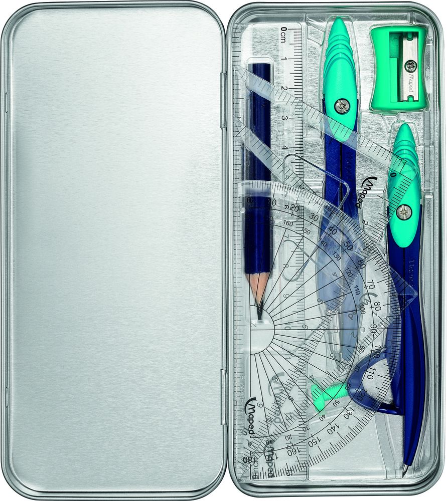 Математический набор NIGHTFALL декорированный, 9 предметов с циркулем с универсальным держателем, в металлической коробке