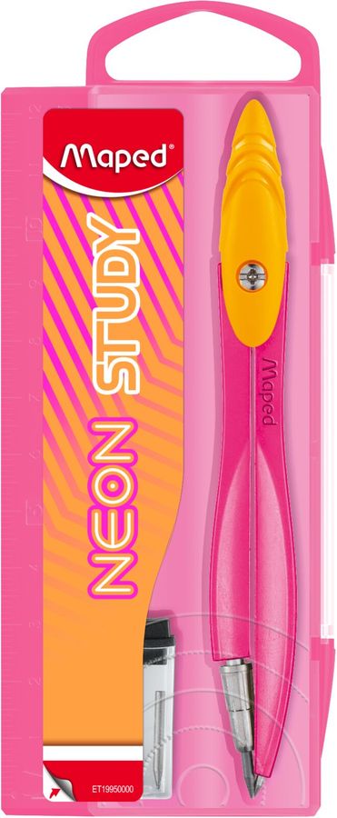 Циркуль MAPED NEON STUDY из цинкового сплава, с эргономичной головкой, с грифелем, в пластиковом футляре, яркие неоновые цвета