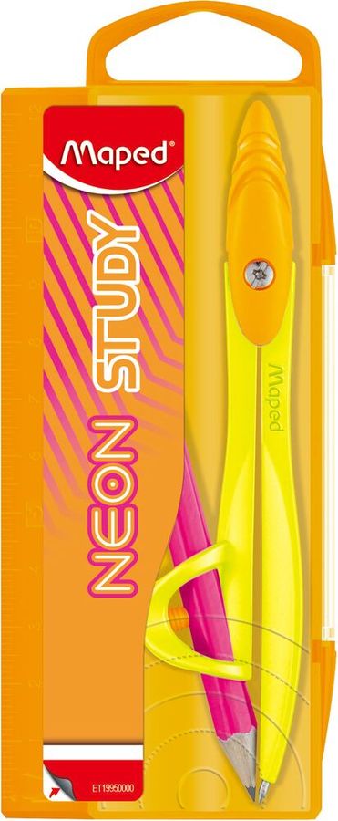 Циркуль MAPED NEON STUDY из цинкового сплава, с эргономичной головкой, с универсальным держателем, в пластиковом футляре, яркие неоновые цвета, в комплекте карандаш