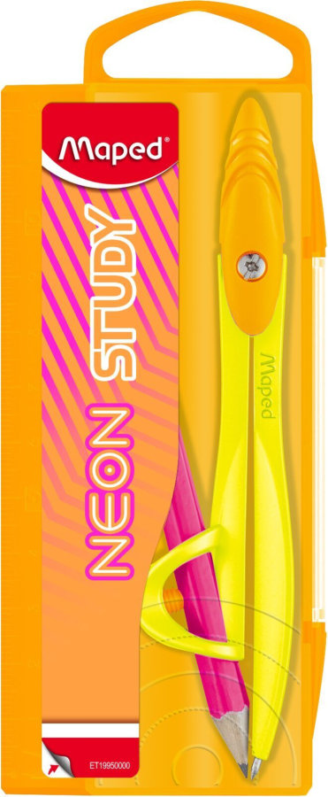 Циркуль MAPED NEON STUDY из цинкового сплава, с эргономичной головкой, с универсальным держателем, в пластиковом футляре, яркие неоновые цвета, в комплекте карандаш