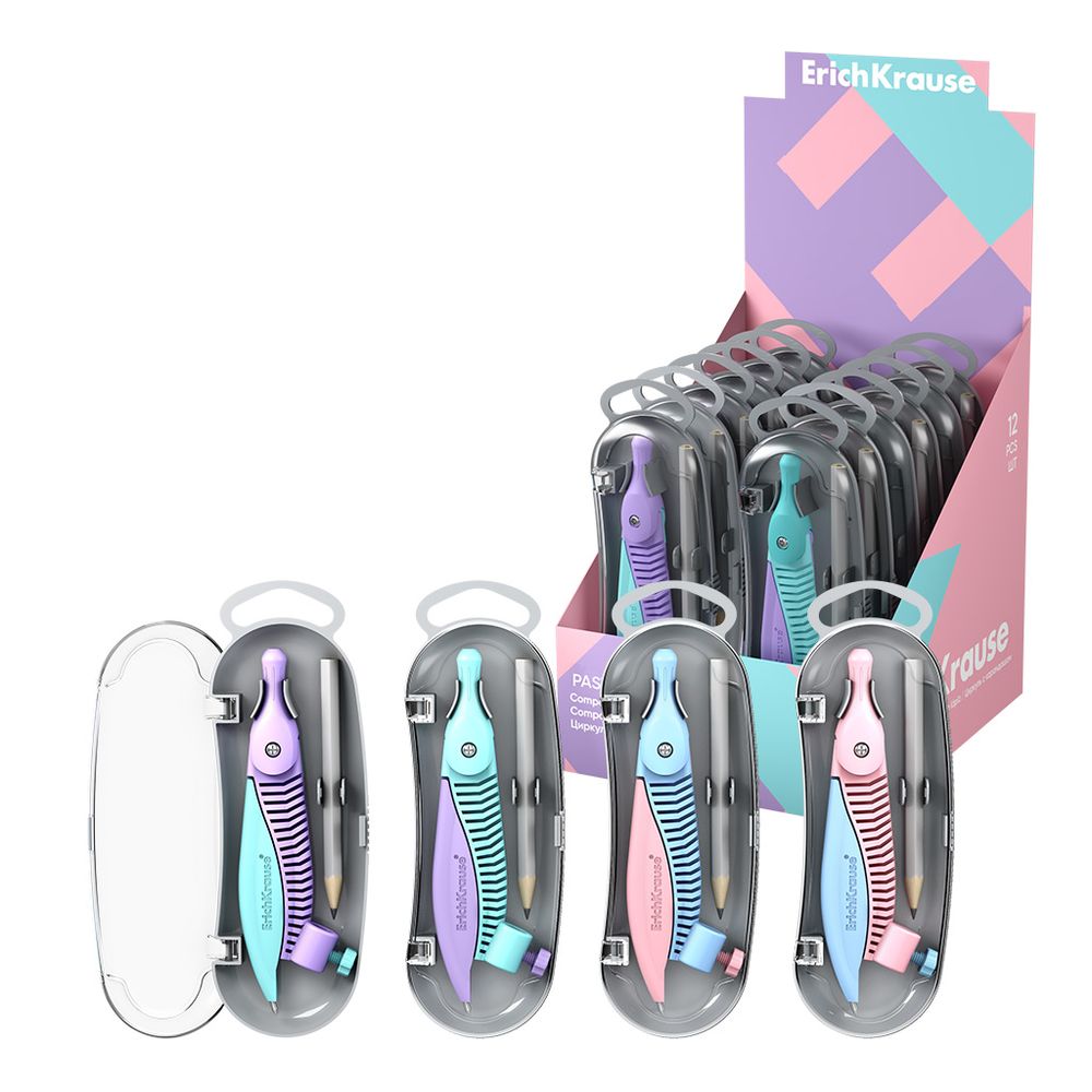 Циркуль пластиковый ErichKrause Pastel, 122мм, с карандашом, пенал, ассорти