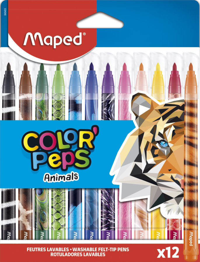 Фломастеры с заблокированным пишущим узлом, MAPED COLOR′PEPS ANIMALS, средний пишущий узел, смываемые, в картонном футляре, 12 цветов
