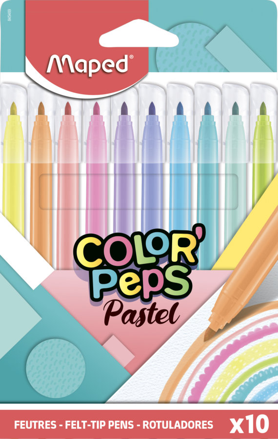 Фломастеры с заблокированным пишущим узлом, MAPED COLOR′PEPS PASTEL, средний пишущий узел, смываемые, в картонном футляре, 10 пастельных цветов