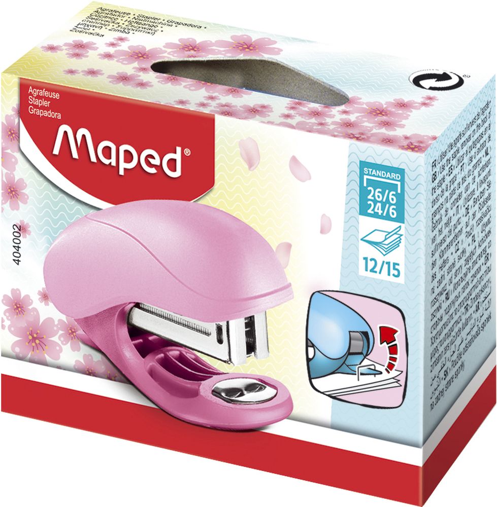 Степлер пластиковый на 15 листов, MAPED VIVO PASTEL, скобы 24/6 и 26/6, со встроенным антистеплером, пастельные цвета ассорти, в коробке с подвесом