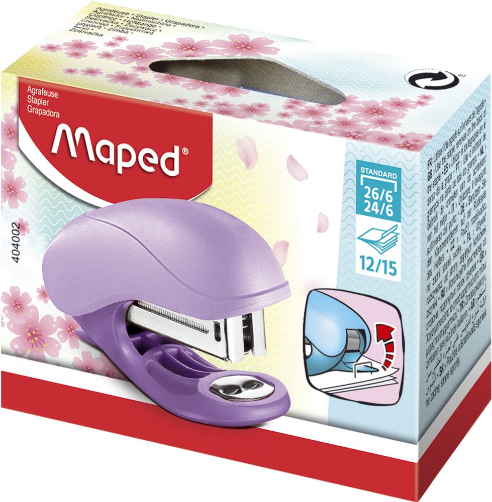 Степлер пластиковый на 15 листов, MAPED VIVO PASTEL, скобы 24/6 и 26/6, со встроенным антистеплером, пастельные цвета ассорти, в коробке с подвесом