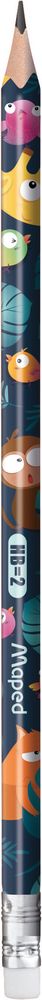 Карандаш чернографитный пластиковый, MAPED JUNGLE FEVER, с ластиком, треугольный, НВ, декорированный, 2 штуки, тренажер для постановки письма в комплекте, в картонной упаковке с подвесом