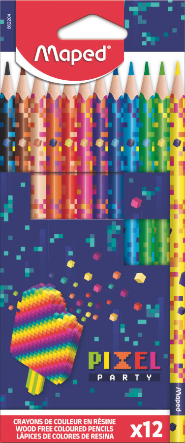Цветные карандаши, MAPED PIXEL PARTY, пластиковые, треугольные, декорированные, 12 цветов, в картонной коробке с подвесом