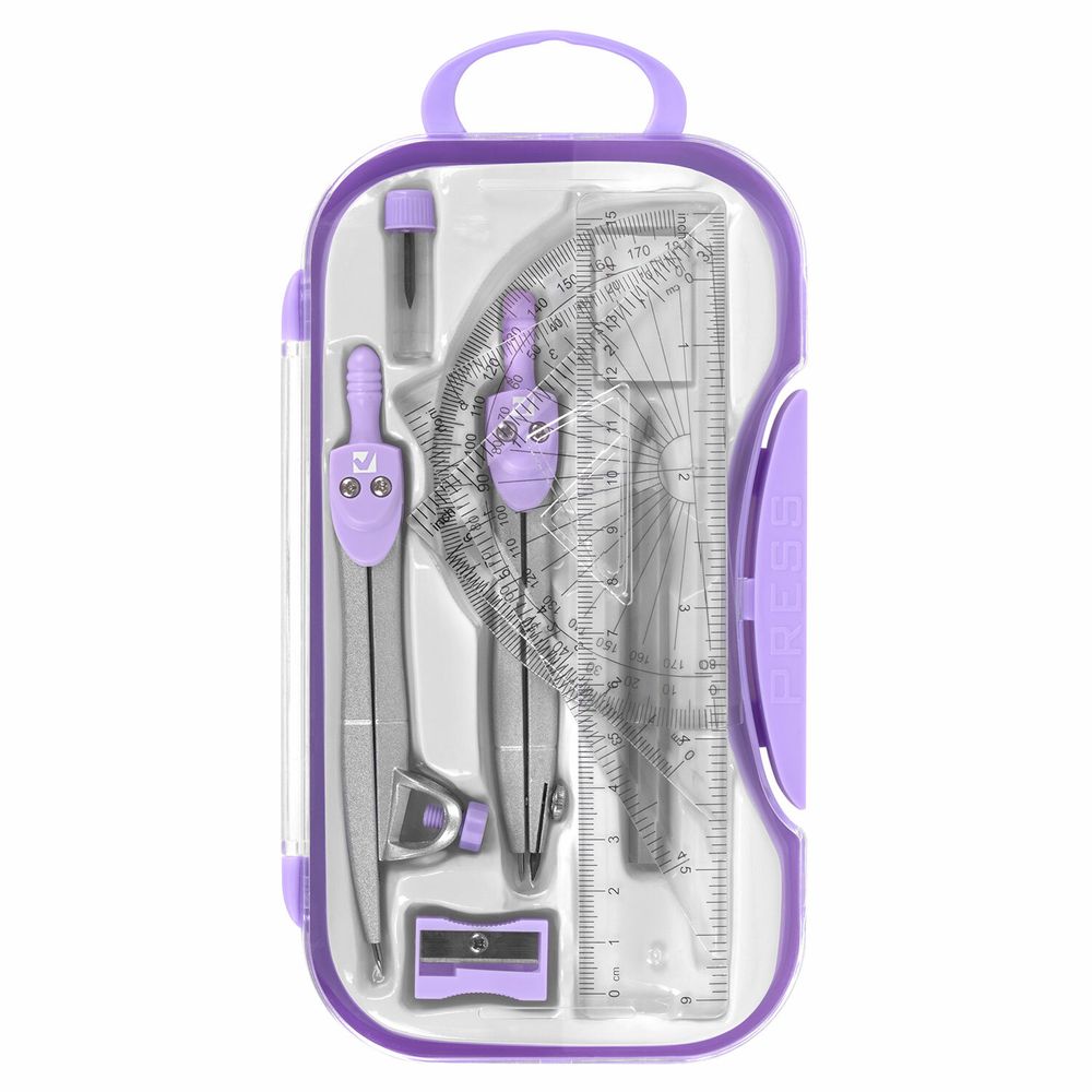 Готовальня BRAUBERG SCHOOL KIT, 11 предметов, циркуль 115 мм, циркуль 125 мм, чертежные принадлежности, лавандовый цвет