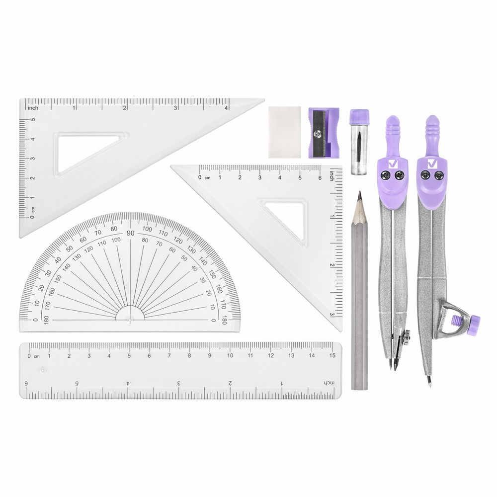 Готовальня BRAUBERG SCHOOL KIT, 11 предметов, циркуль 115 мм, циркуль 125 мм, чертежные принадлежности, лавандовый цвет