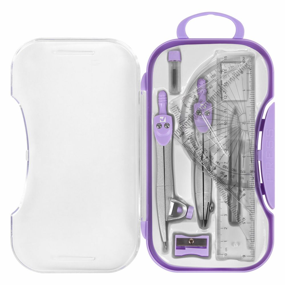 Готовальня BRAUBERG SCHOOL KIT, 11 предметов, циркуль 115 мм, циркуль 125 мм, чертежные принадлежности, лавандовый цвет