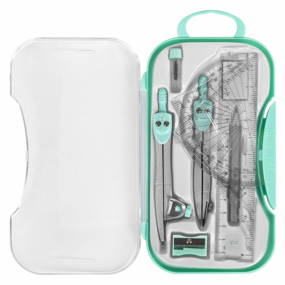 Готовальня BRAUBERG SCHOOL KIT, 11 предметов, циркуль 115 мм, циркуль 125 мм, чертежные принадлежности, мятный цвет
