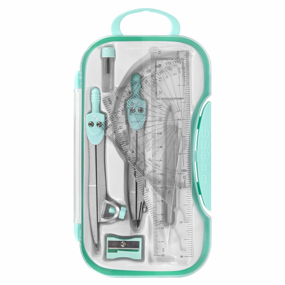 Готовальня BRAUBERG SCHOOL KIT, 11 предметов, циркуль 115 мм, циркуль 125 мм, чертежные принадлежности, мятный цвет