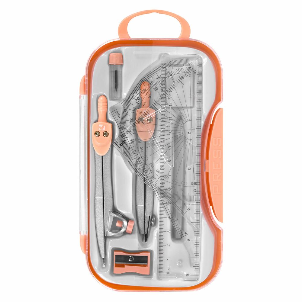 Готовальня BRAUBERG SCHOOL KIT, 11 предметов, циркуль 115 мм, циркуль 125 мм, чертежные принадлежности, персиковый цвет