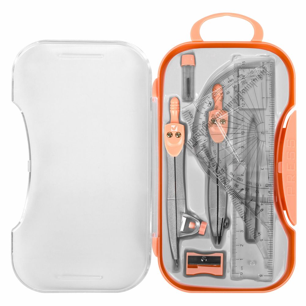 Готовальня BRAUBERG SCHOOL KIT, 11 предметов, циркуль 115 мм, циркуль 125 мм, чертежные принадлежности, персиковый цвет