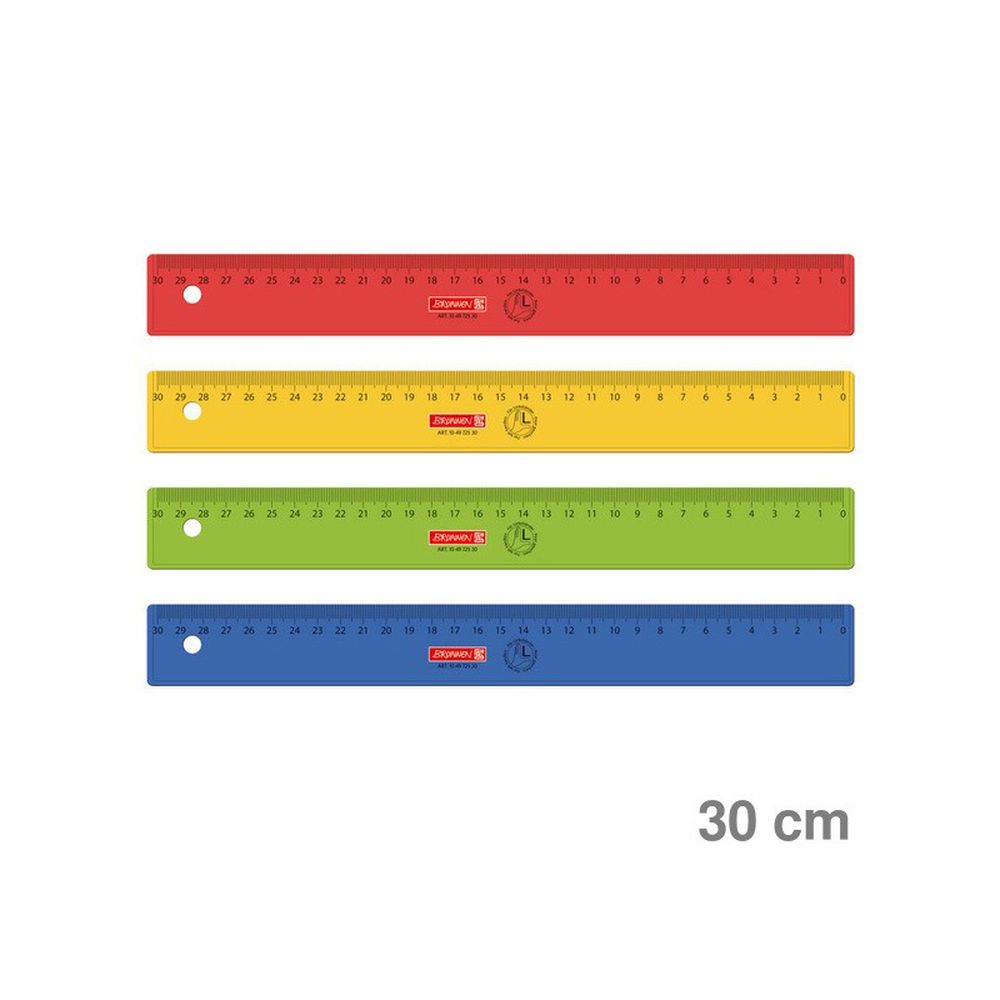 Линейка Brunnen для левши 30см ассорти (синий, желтый, красный) шкала справа налево