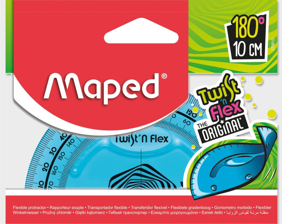 Транспортир MAPED TWIST N FLEX 180°, основание 10см, ассорти, блистер