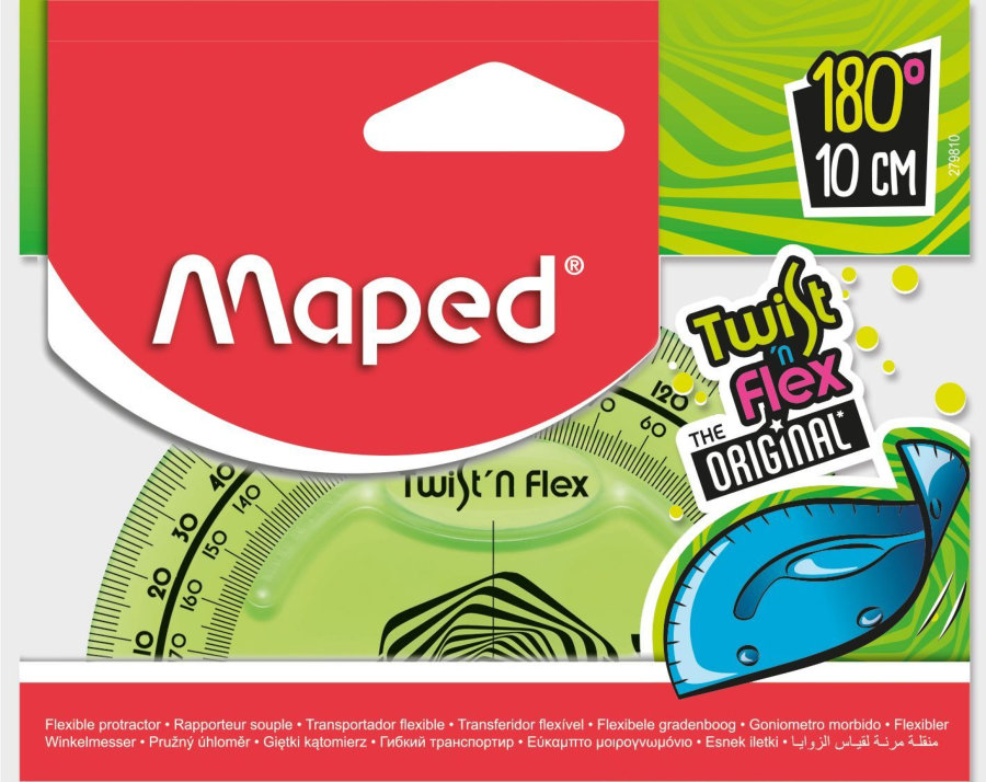 Транспортир MAPED TWIST N FLEX 180°, основание 10см, ассорти, блистер
