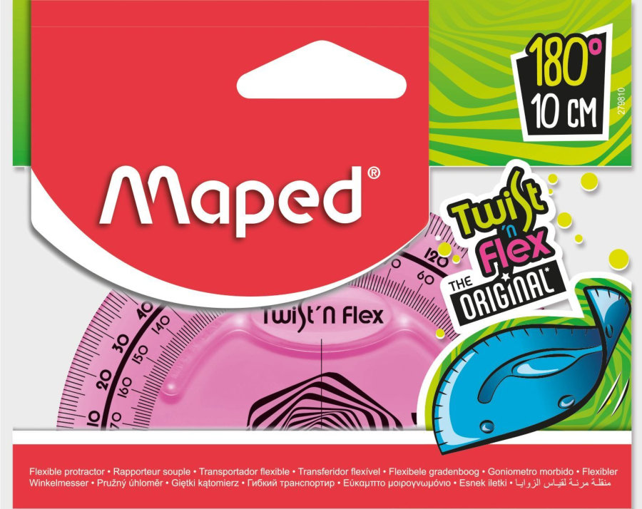 Транспортир MAPED TWIST N FLEX 180°, основание 10см, ассорти, блистер