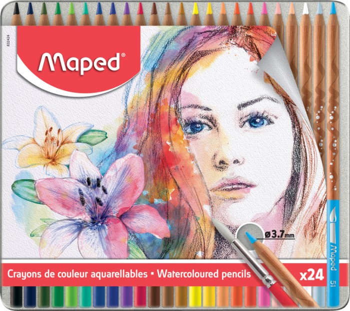 Карандаши цветные MAPED ARTIST акварельные, 24цв+кисточка, металл. Футляр