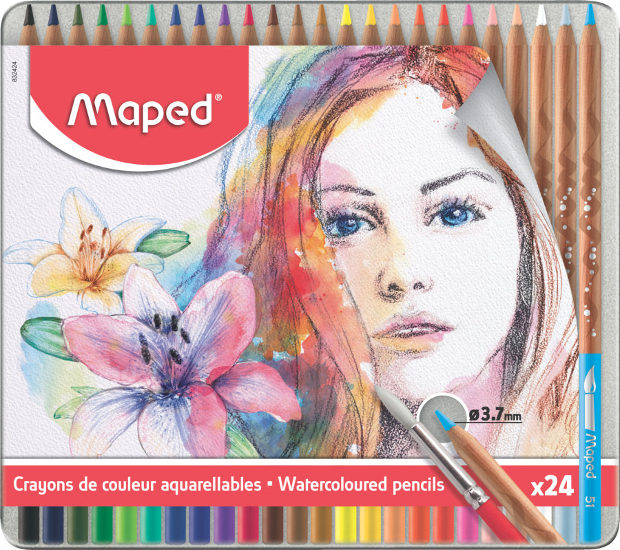 Карандаши цветные MAPED ARTIST акварельные, 24цв+кисточка, металл. Футляр