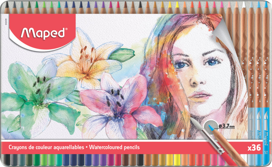 Карандаши цветные MAPED ARTIST акварельные, 36цв+кисточка, металл. Футляр