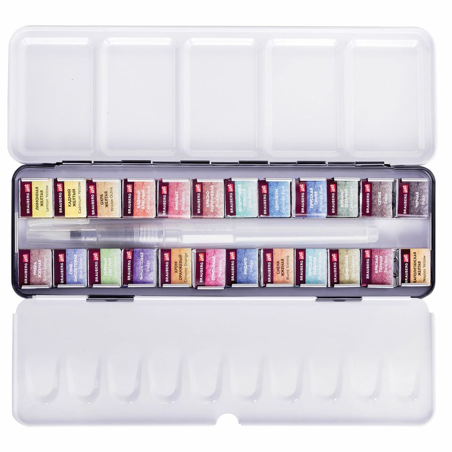 Акварель художественная кюветы НАБОР 24 цвета по 3,5 г, металлический кейс, BRAUBERG ART PREMIERE
