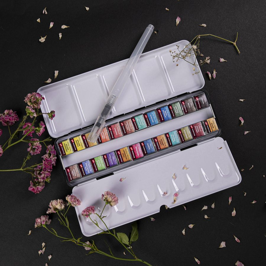 Акварель художественная кюветы НАБОР 24 цвета по 3,5 г, металлический кейс, BRAUBERG ART PREMIERE