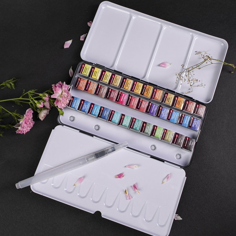 Акварель художественная кюветы НАБОР 36 цветов по 3,5 г, металлический кейс, BRAUBERG ART PREMIERE