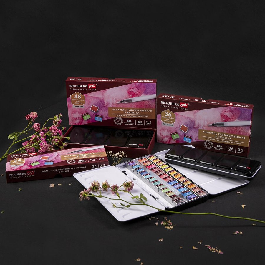 Акварель художественная кюветы НАБОР 48 цветов по 3,5 г, металлический кейс, BRAUBERG ART PREMIERE