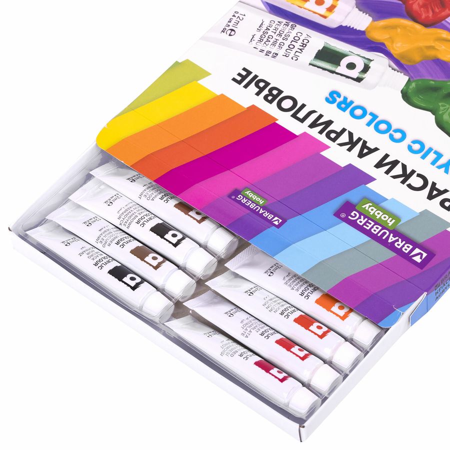 Краски акриловые художественные 24 цвета в тубах по 12 мл, BRAUBERG HOBBY