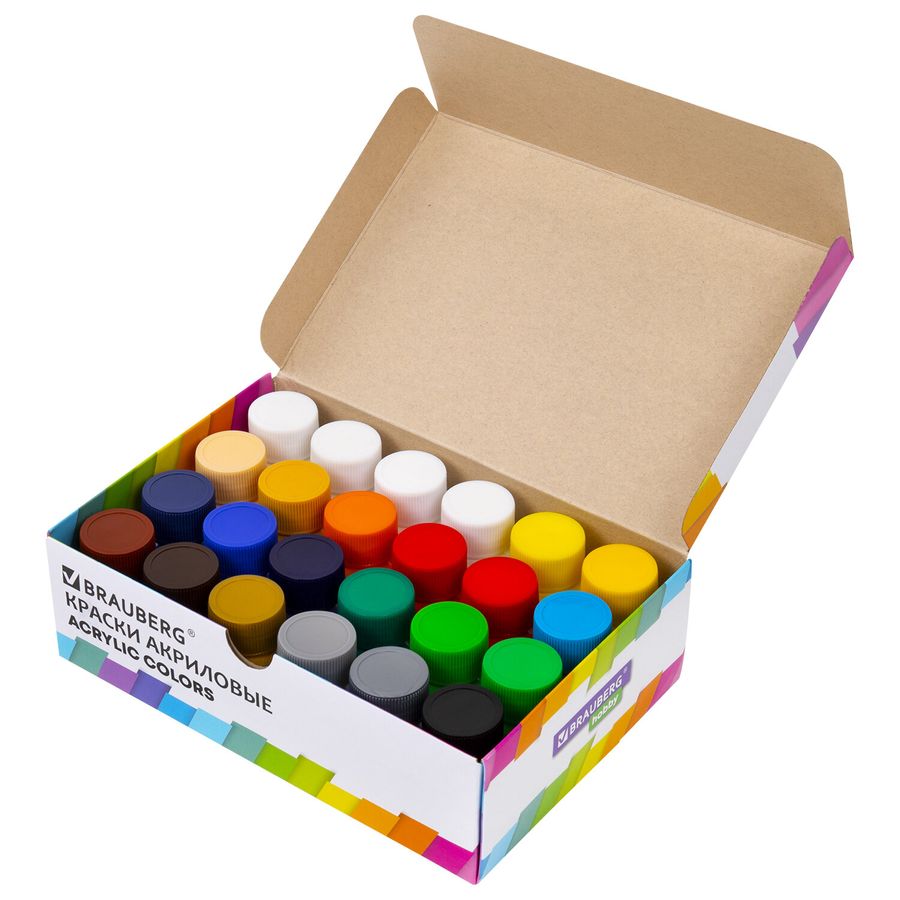 Краски акриловые художественные 24 шт., 21 цвет в банках по 22 мл, BRAUBERG HOBBY