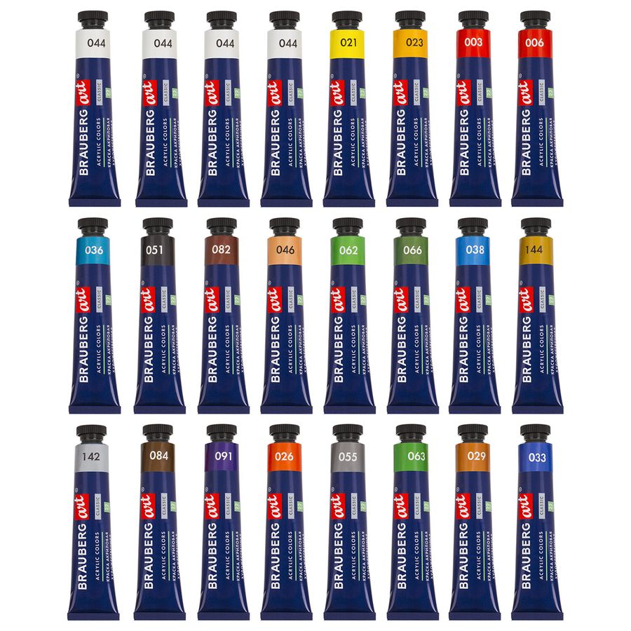 Краски акриловые художественные BRAUBERG ART CLASSIC, НАБОР 24 шт, 21 цвет, в тубах 22 мл