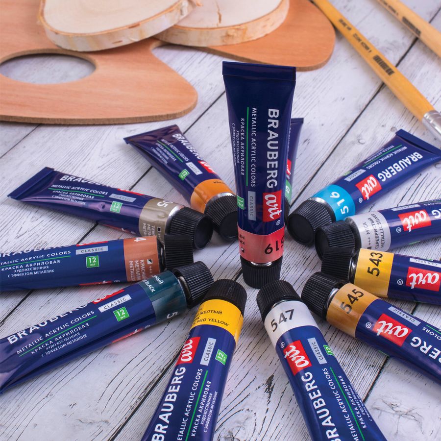 Краски акриловые художественные металлик BRAUBERG ART CLASSIC, НАБОР 12 шт, в тубах 12 мл