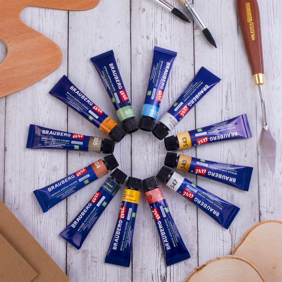Краски акриловые художественные металлик BRAUBERG ART CLASSIC, НАБОР 12 шт, в тубах 12 мл