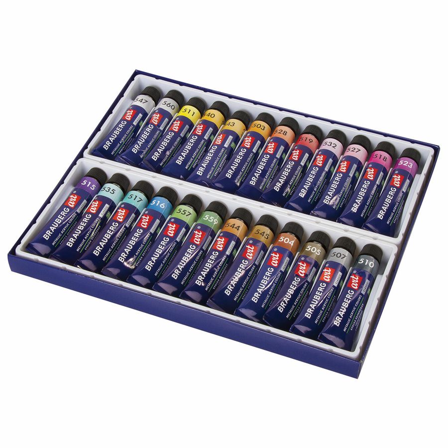 Краски акриловые художественные металлик BRAUBERG ART CLASSIC, НАБОР 24 шт, в тубах 12 мл