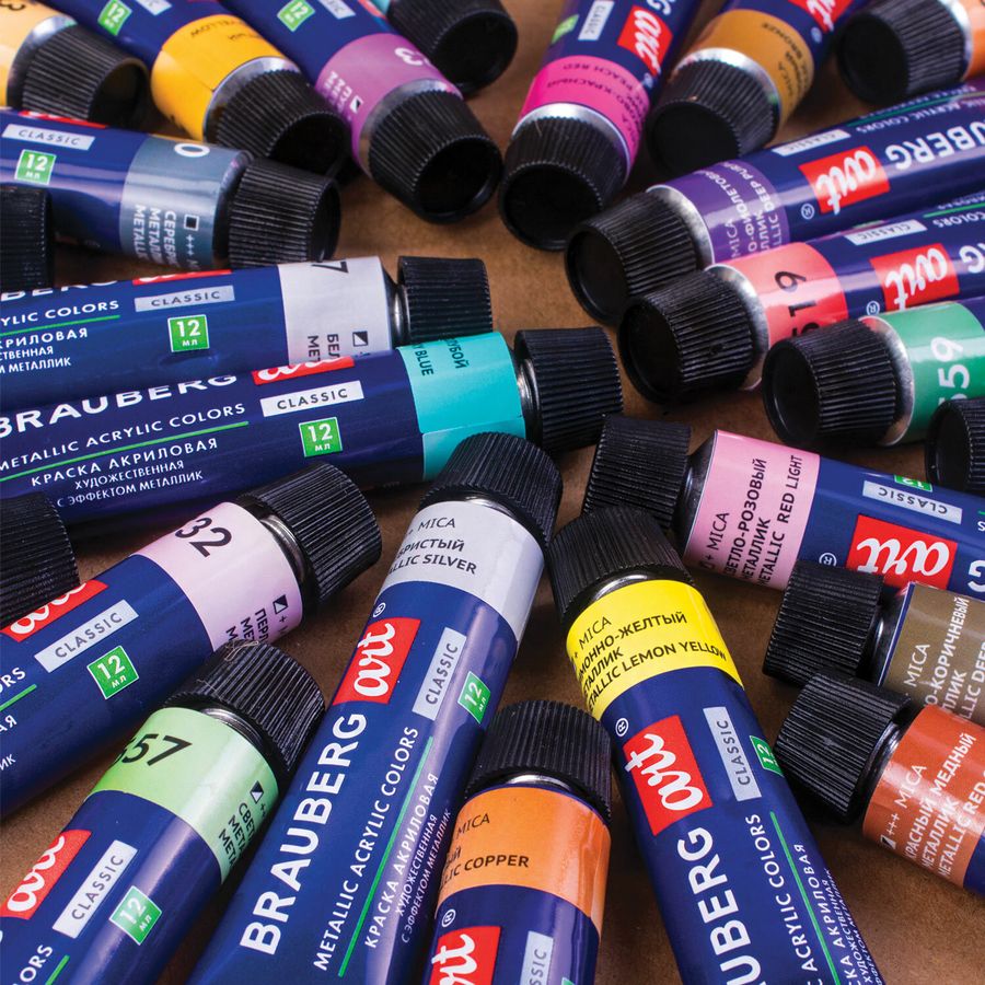 Краски акриловые художественные металлик BRAUBERG ART CLASSIC, НАБОР 24 шт, в тубах 12 мл