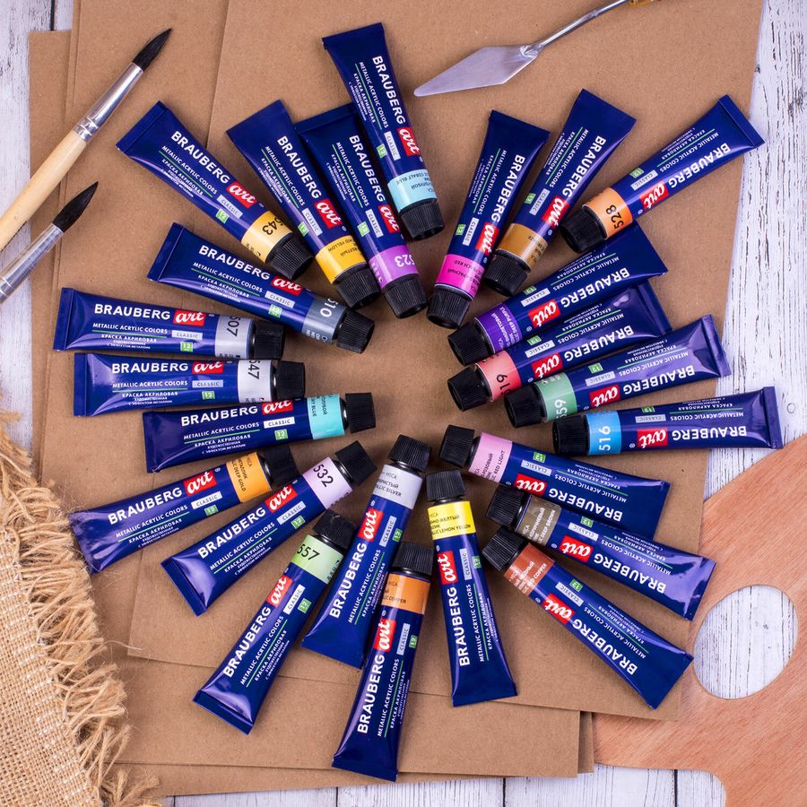 Краски акриловые художественные металлик BRAUBERG ART CLASSIC, НАБОР 24 шт, в тубах 12 мл
