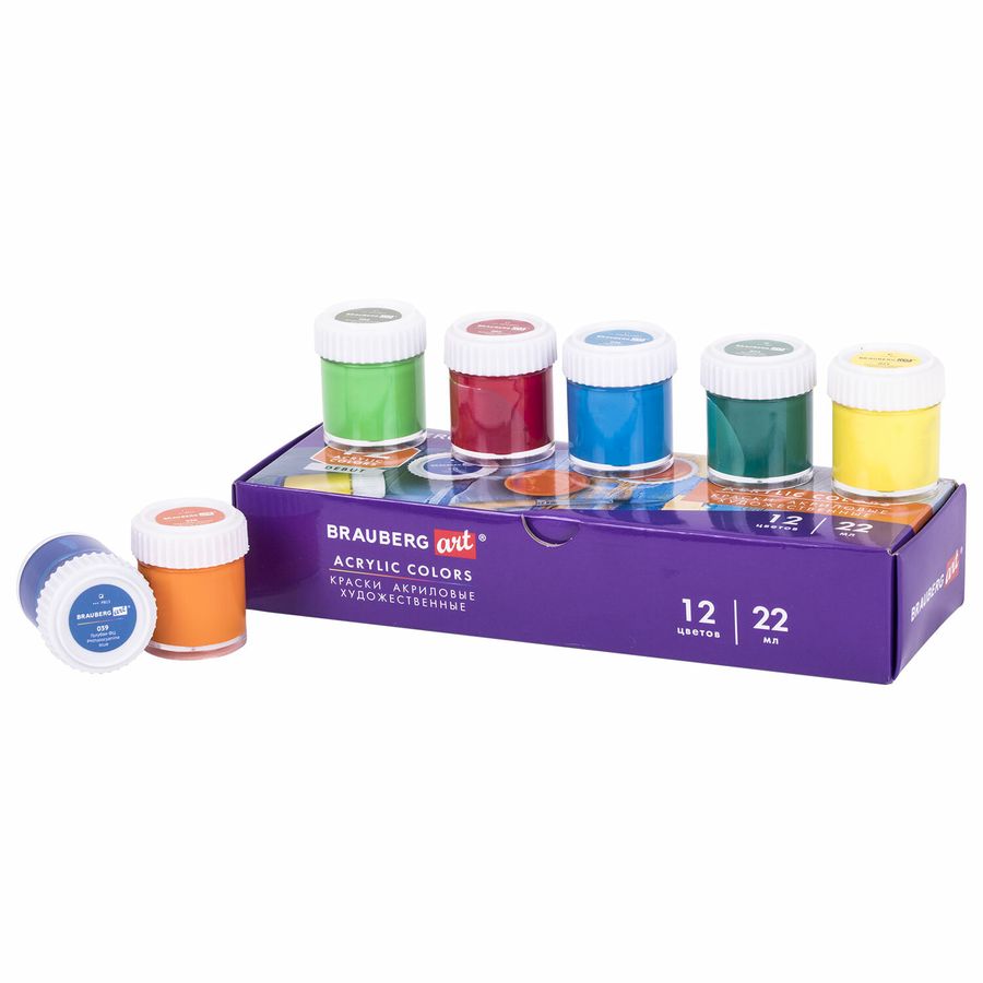 Краски акриловые художественные, НАБОР 12 штук по 22 мл в банках, BRAUBERG ART DEBUT