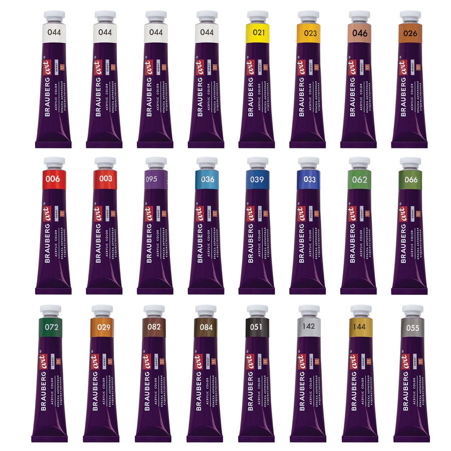 Краски акриловые художественные, НАБОР 24 штуки, 21 цвет по 22 мл, в тубах, BRAUBERG ART DEBUT