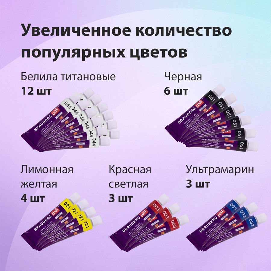 Краски акриловые художественные, НАБОР 72 штуки, 49 цветов по 12 мл в тубах, BRAUBERG ART DEBUT