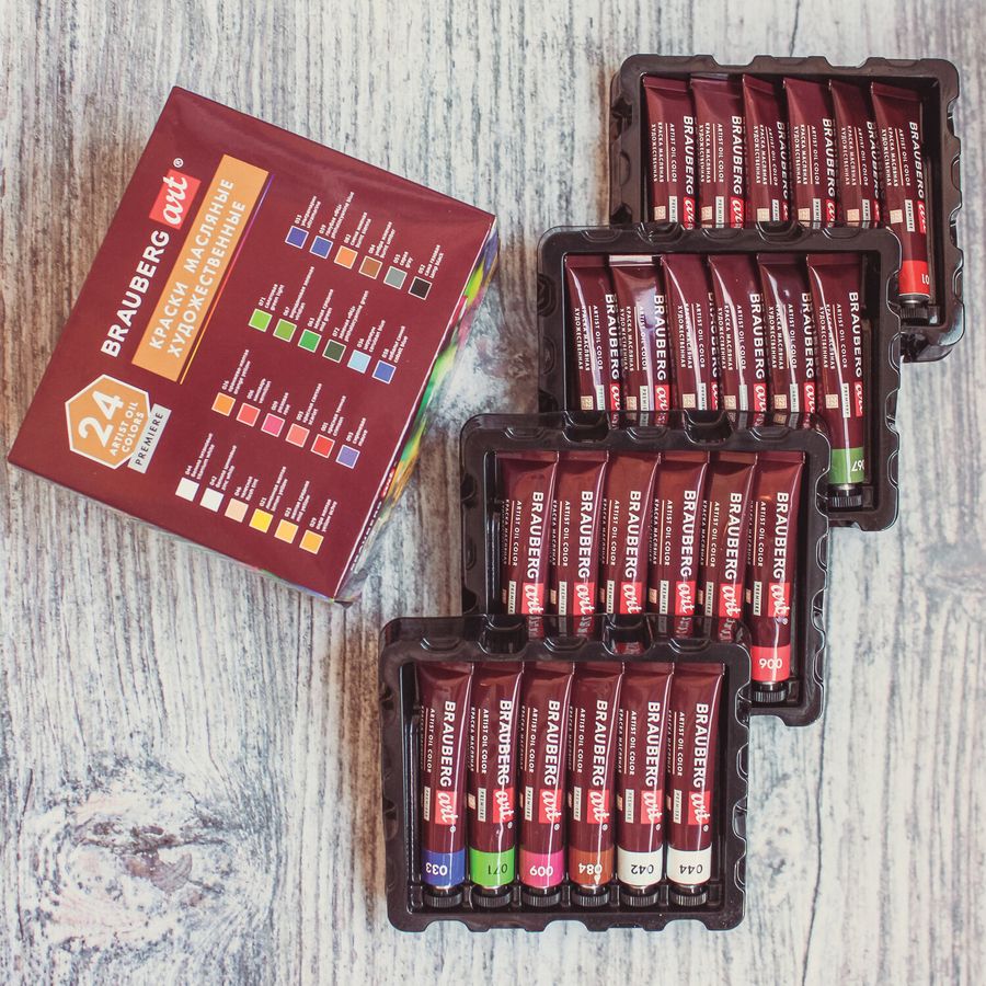 Краски масляные художественные BRAUBERG ART PREMIERE, 24 цв. по 22 мл, в тубах