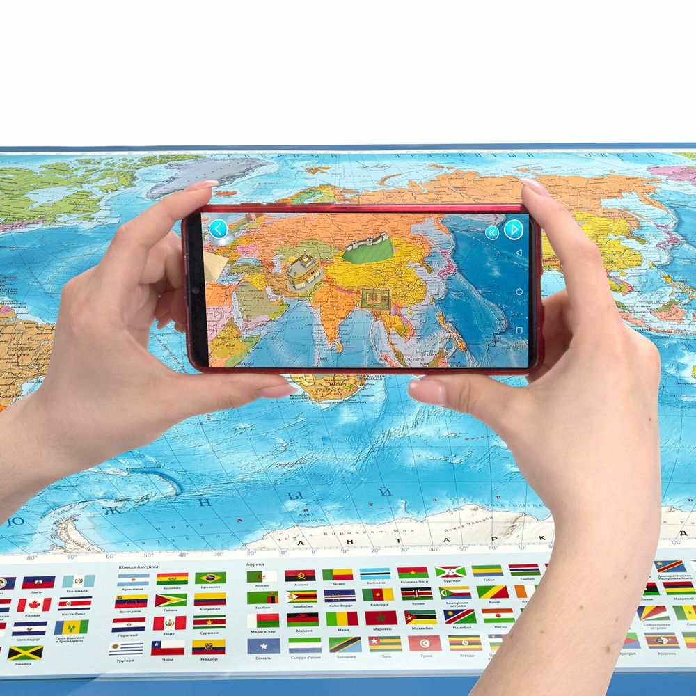 Карта мира политическая 199х134 см, 1:15,5М, с ламинацией, интерактивная, европодвес, BRAUBERG